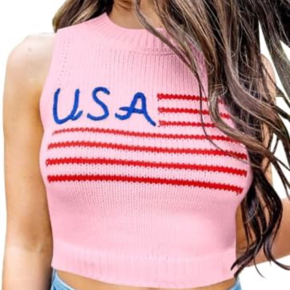 P Pink Cropped Sweater Vest Sleeveless USA Flag Embroidered Women Small